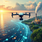 En drone flyver over en kystlinje ved solnedgang med digitale dataspor på vandet, vindmøller og en fabrik med røg, der stiger op i baggrunden og blander teknologi og miljøtemaer. - Kunstig intelligens AI